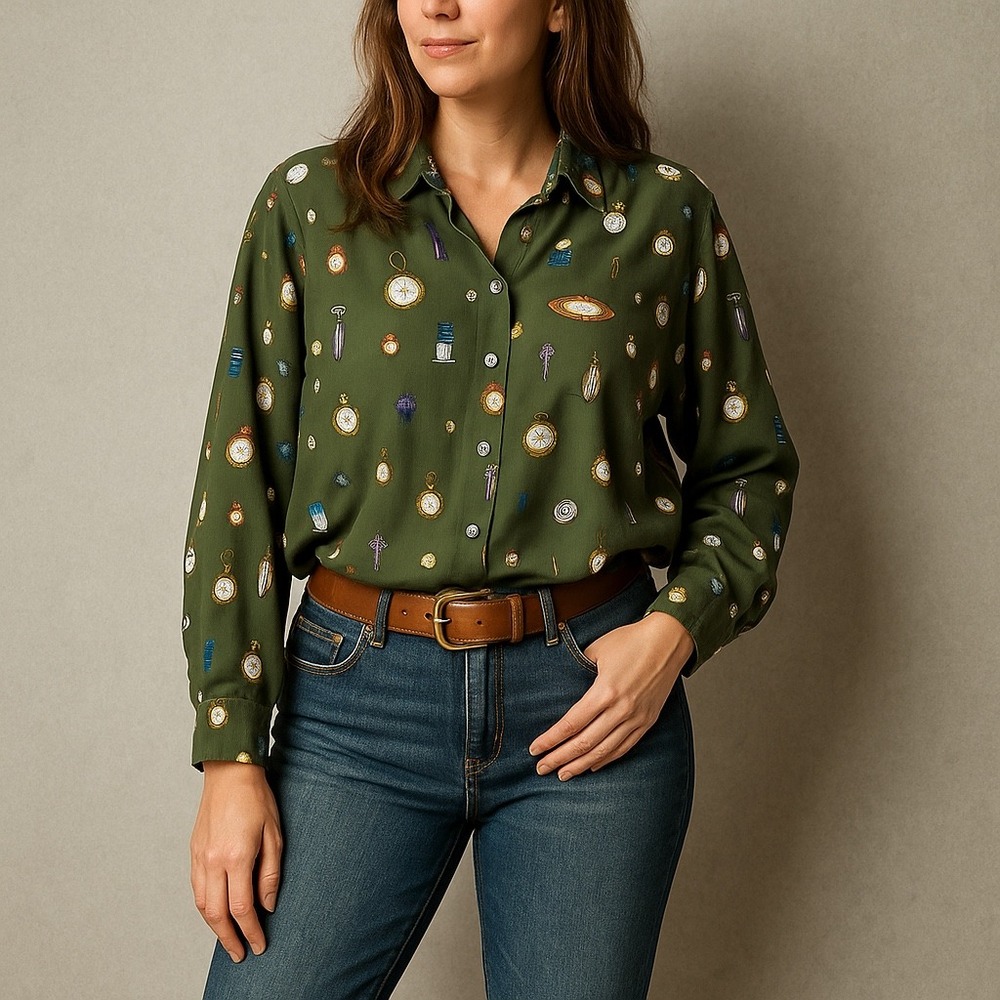 VTG 90s Norton McNaughton Watch Clock AOP Print Blouse Olive‎ Green Retro 8 Y2K